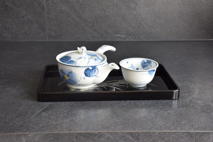 Japanese Black Lacquer Tray With Silver Orchid Inlay