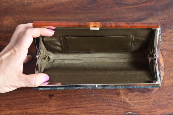 Amami Oshima Tsumugi kimono bag showing the open khaki interior with slip compartment