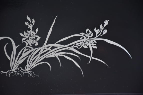 Japanese Black Lacquer Tray With Silver Orchid Inlay