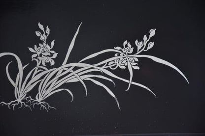 Japanese Black Lacquer Tray With Silver Orchid Inlay