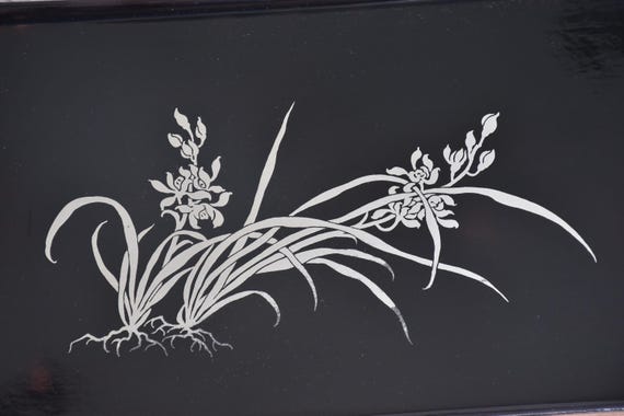 Japanese Black Lacquer Tray With Silver Orchid Inlay