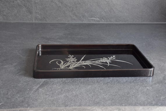 Japanese Black Lacquer Tray With Silver Orchid Inlay