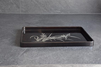 Japanese Black Lacquer Tray With Silver Orchid Inlay