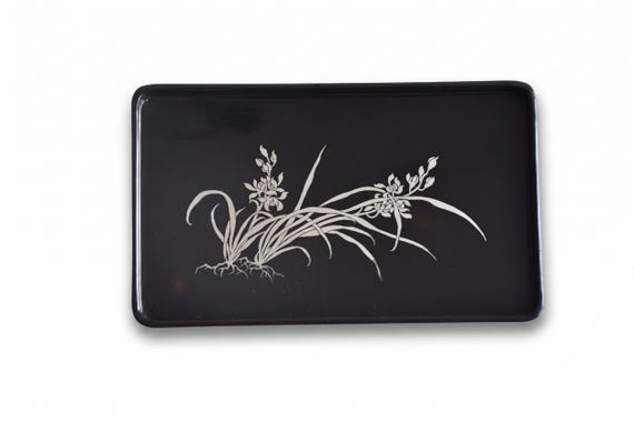 Japanese Black Lacquer Tray With Silver Orchid Inlay