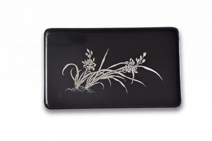 Japanese Black Lacquer Tray With Silver Orchid Inlay