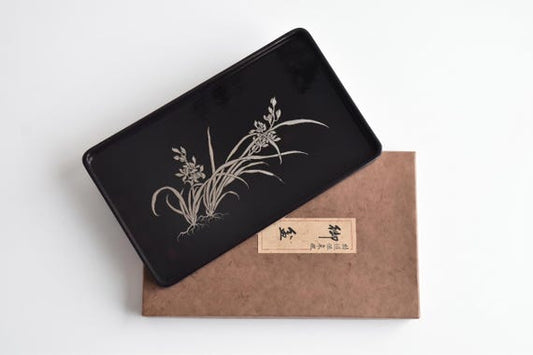 Japanese Black Lacquer Tray With Silver Orchid Inlay