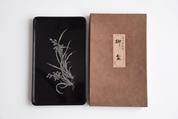 Japanese Black Lacquer Tray With Silver Orchid Inlay