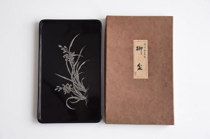 Japanese Black Lacquer Tray With Silver Orchid Inlay