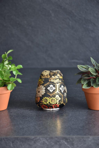 Daruma Doll Black Gold Floral Brocade