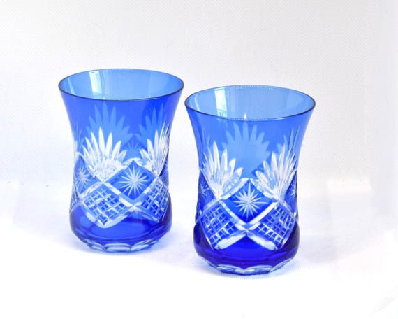 Japanese Kiriko Cobalt Blue Sake Cups (Set Of 2)