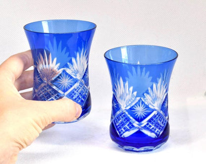 Japanese Kiriko Cobalt Blue Sake Cups (Set Of 2)