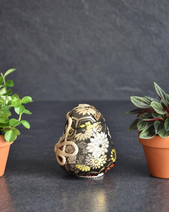 Daruma Doll Black Gold Floral Brocade