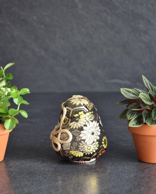 Daruma Doll Black Gold Floral Brocade
