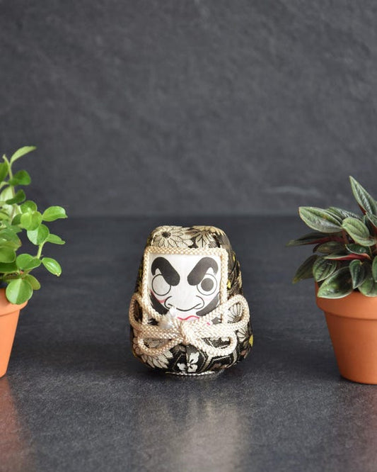 Daruma Doll Black Gold Floral Brocade