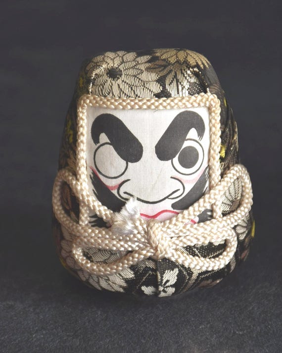 Daruma Doll Black Gold Floral Brocade