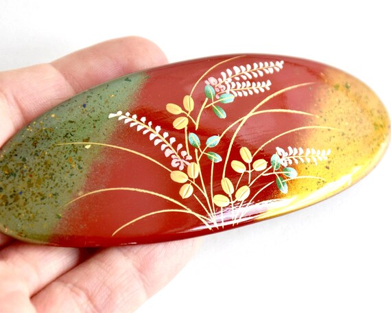 Maki-E Red Oval Barette With Gold Floral