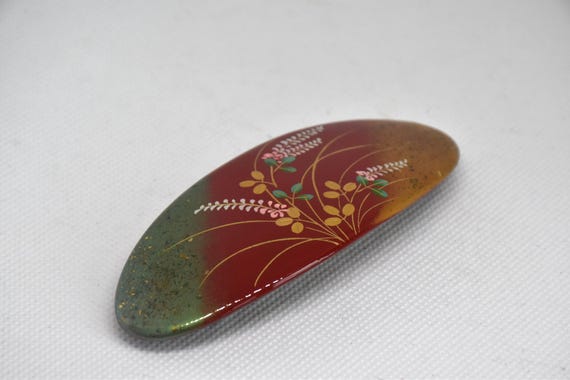 Maki-E Red Oval Barette With Gold Floral