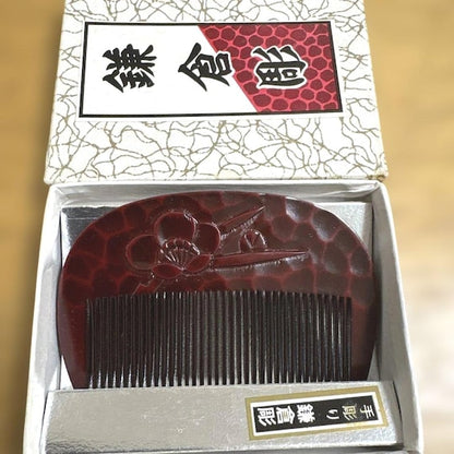 Kamakura-Bori Plum Blossom Comb inside the open decorative presentation box
