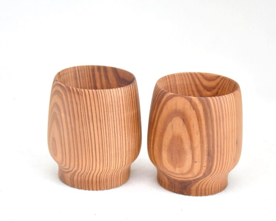 Yakusugi Cedar Sake Cups pair captured from a slightly different angle showing the curved silhouette