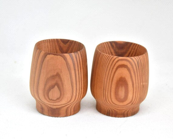 Yakusugi Cedar Sake Cups pair showing unique wood grain patterns and smooth natural tones