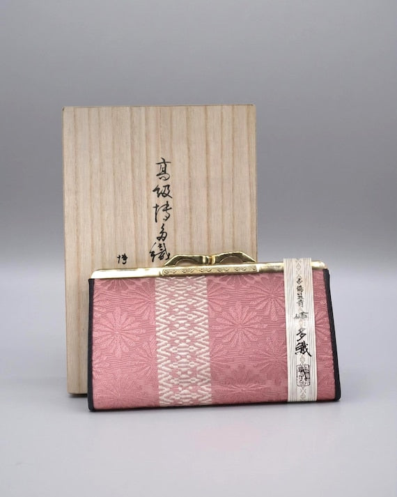 Hakata-Ori Silk Geometric Floral Wallet with dusty-rose fabric and wooden box