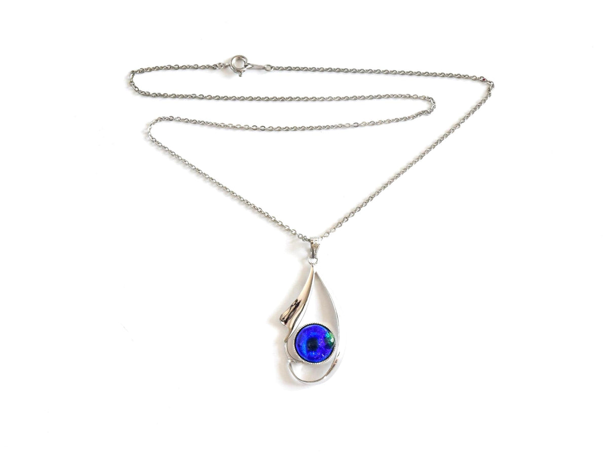 Japanese Oval Blue Pendant Necklace full view with chain laid out