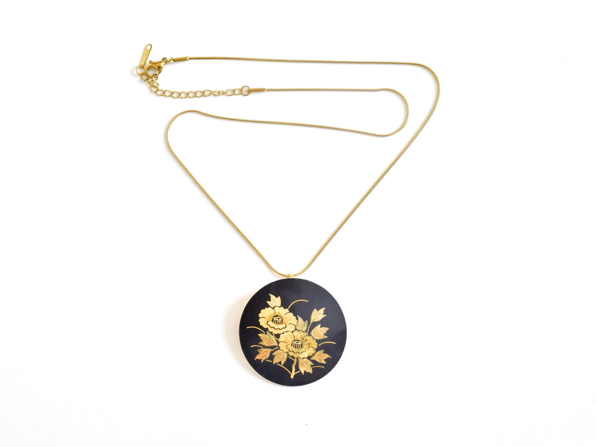 Damascene Peony Pendant Brooch Gold Inlay full stainless steel chain and circular pendant arrangement