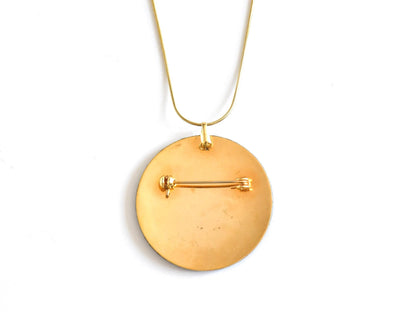 Damascene Peony Pendant Brooch Gold Inlay back showing pinback mechanism and pendant bail loop