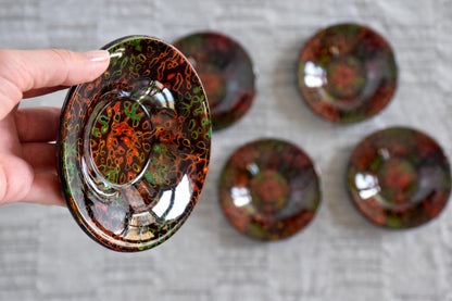 Tsugaru-Nuri Lacquer Chataku Tea Saucers Kara-Nuri showing size next to a hand