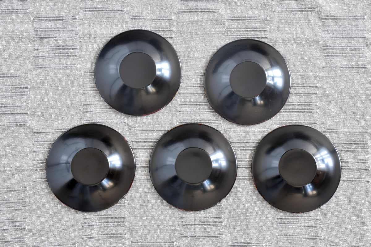 Tsugaru-Nuri Lacquer Chataku Tea Saucers Kara-Nuri bottom base view of five saucers