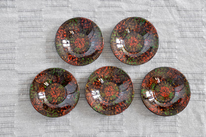 Tsugaru-Nuri Lacquer Chataku Tea Saucers Kara-Nuri top view of five saucers on fabric