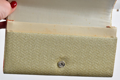Japanese Obi Silk Clutch Seigaiha Gold And Red Wave showing inner lining age-related spotting