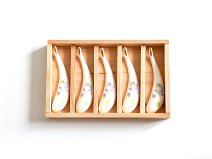 Kikyo Bellflower Porcelain Chopstick Rest Set neatly arranged inside its wooden storage box