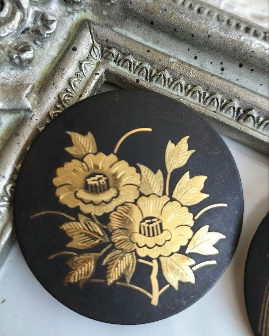 Damascene Peony Pendant Brooch Gold Inlay Japanese Zogan metal art dual wear necklace with floral motif