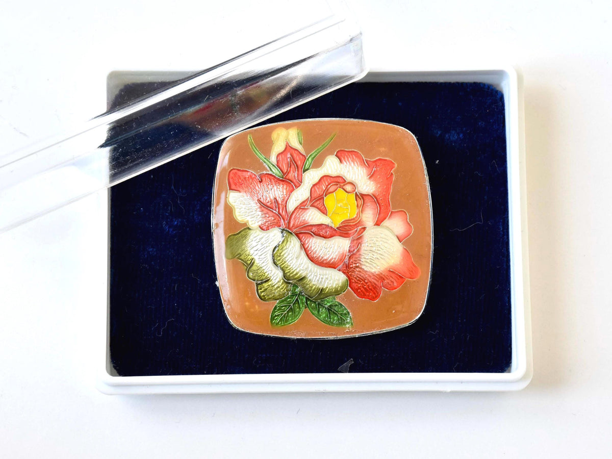 Japanese Cloisonné Floral Brooch Brown Enamel displayed inside a storage box