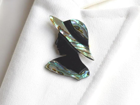 Raden Abalone Shell Brooch Woman Profile Hat featuring traditional Japanese raden inlay craft on white fabric