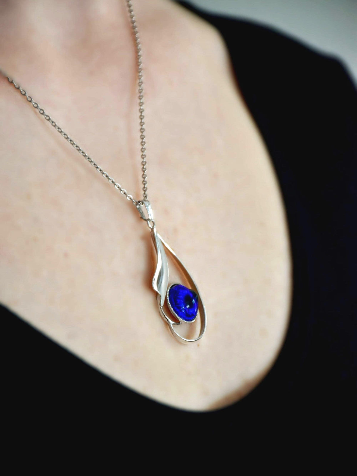 Japanese Oval Blue Pendant Necklace alternative view worn on neck