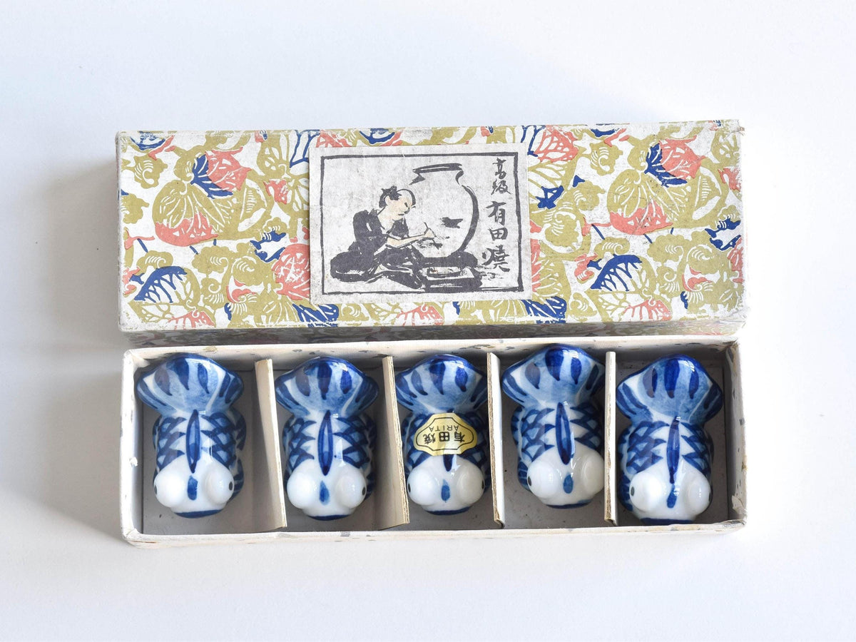 Arita-Yaki porcelain goldfish chopstick rest set displayed neatly inside its original illustrated decorative box