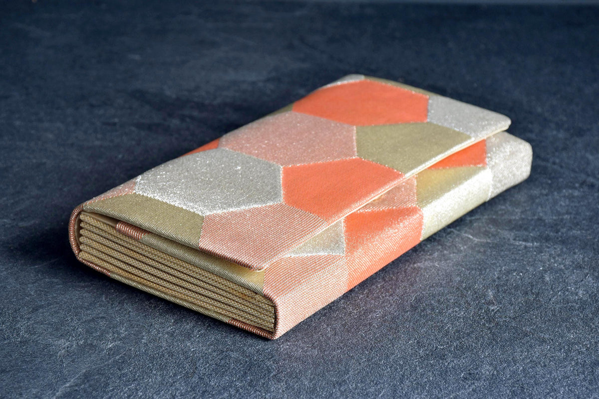 Nishiki Weave Geometric Obi Clutch Bag made from vintage Japanese kimono sash with gold, beige and orange pattern