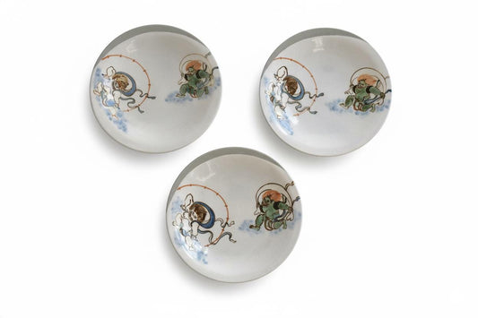 Fujin Raijin Porcelain Plates With Crackle Glaze set of three serving trays with Japanese wind and thunder demons
