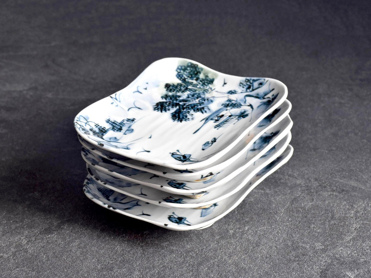 Tōsai Kiyomizu-Yaki Sansui Landscape Porcelain Plates set of five serving trays from Kyoto crafted in sometsuke technique