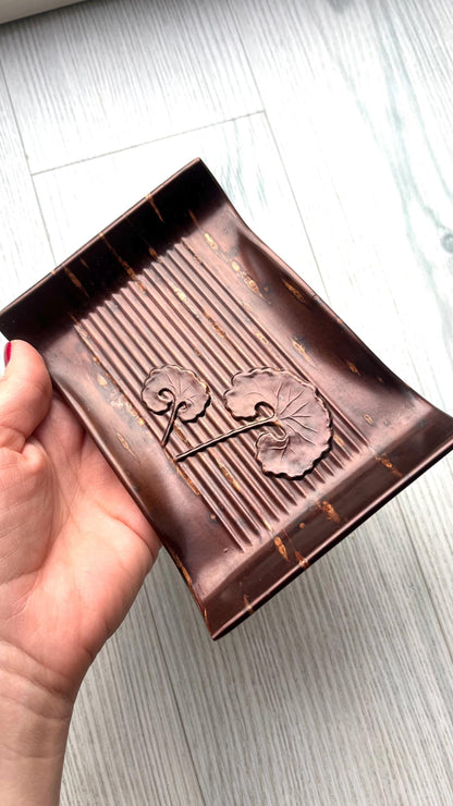 Kabazaiku Cherry Bark Plates Ginkgo Motif Serving Tray held in hand showing the size and shape