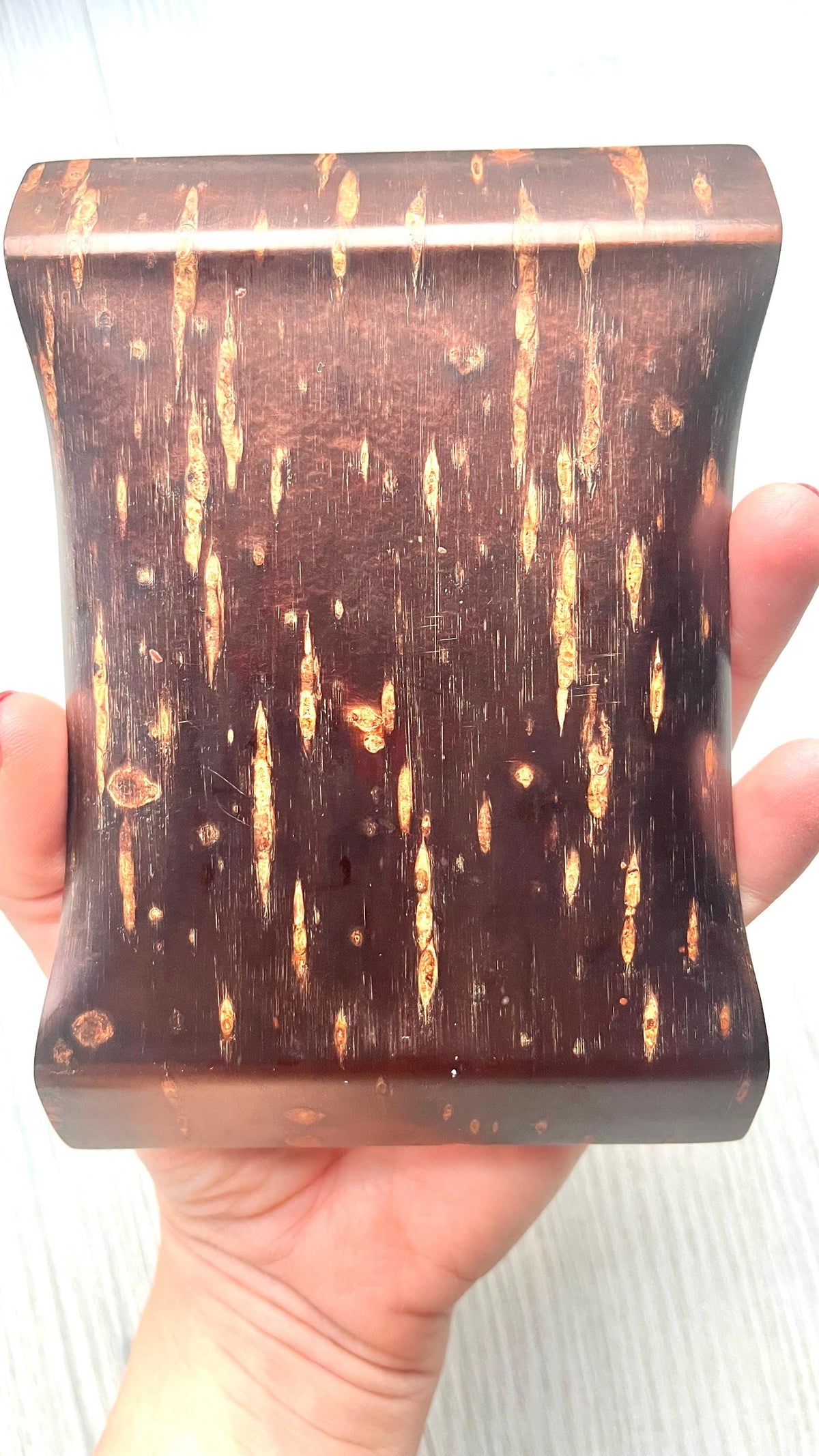 Kabazaiku Cherry Bark Plates Ginkgo Motif Serving Tray underside held in hand displaying wood grain