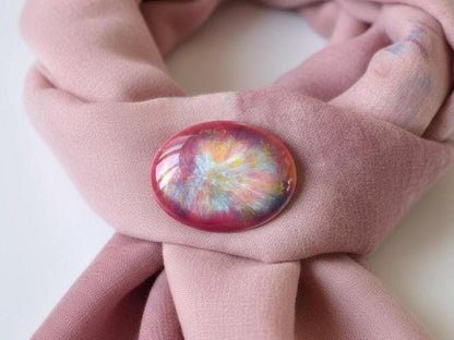 Kutani Ceramic Brooch Deep Blue And Purple Glaze pinned on a pink scarf