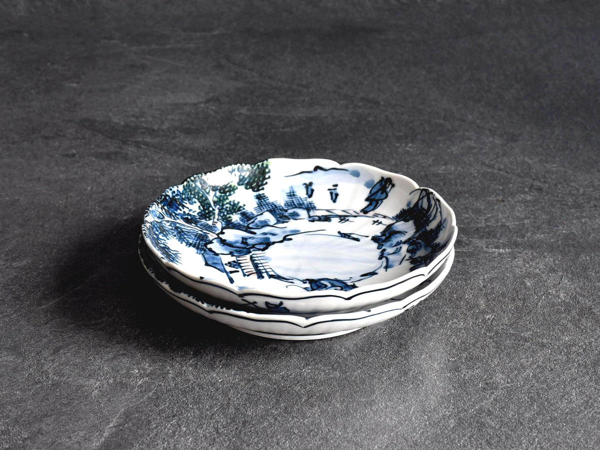 Tōsai Kiyomizu-Yaki Sometsuke Landscape Porcelain Plates stacked on dark surface