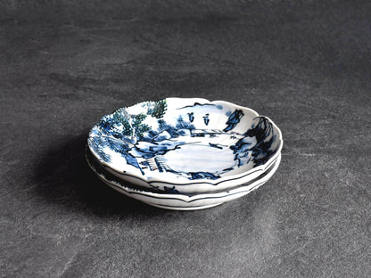 Tōsai Kiyomizu-Yaki Sometsuke Landscape Porcelain Plates stacked on dark surface
