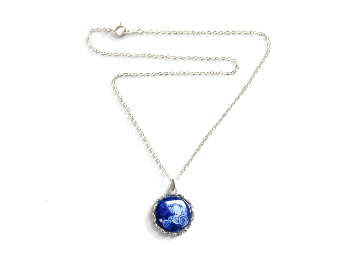 Kiyomizu-Yaki Porcelain Pendant Blue Floral necklace laid flat showcasing the full length of the delicate chain