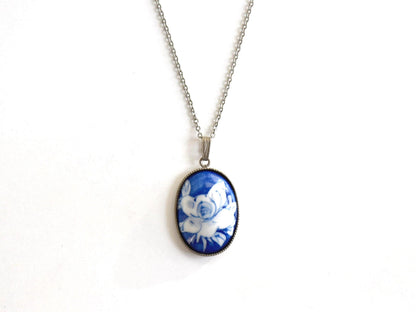Japanese Cobalt Blue Floral Porcelain Pendant Necklace showing pendant front and silver-tone chain