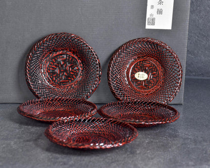 Floral Etched Glass And Rantai Shikki Bamboo Tea Set four woven bamboo coasters displayed with box and leaflet