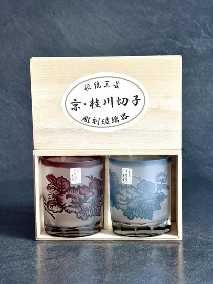 Cut Glass Tumblers with Painted Floral Motif